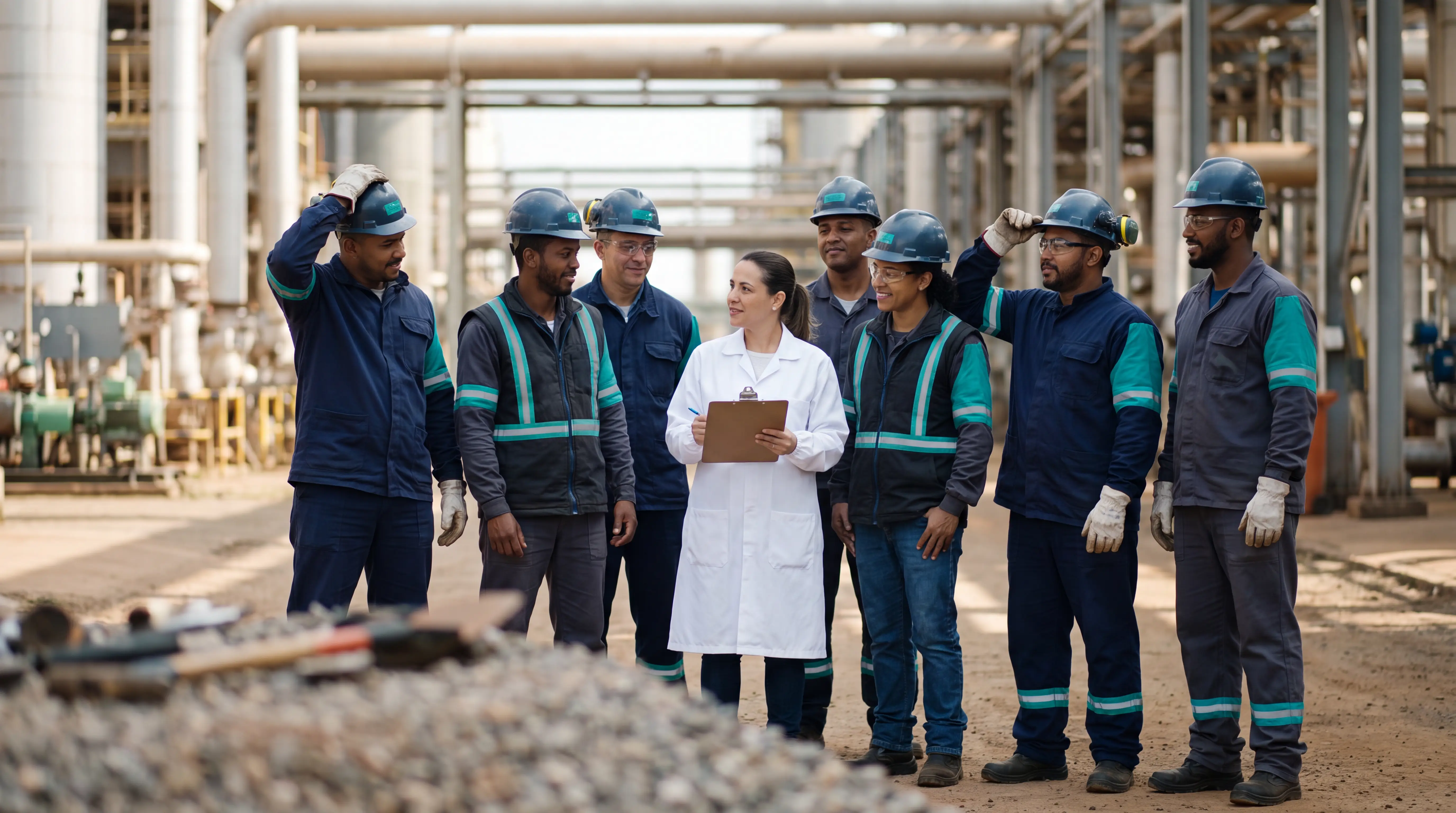 Equipe de saúde ocupacional e trabalhadores confiantes