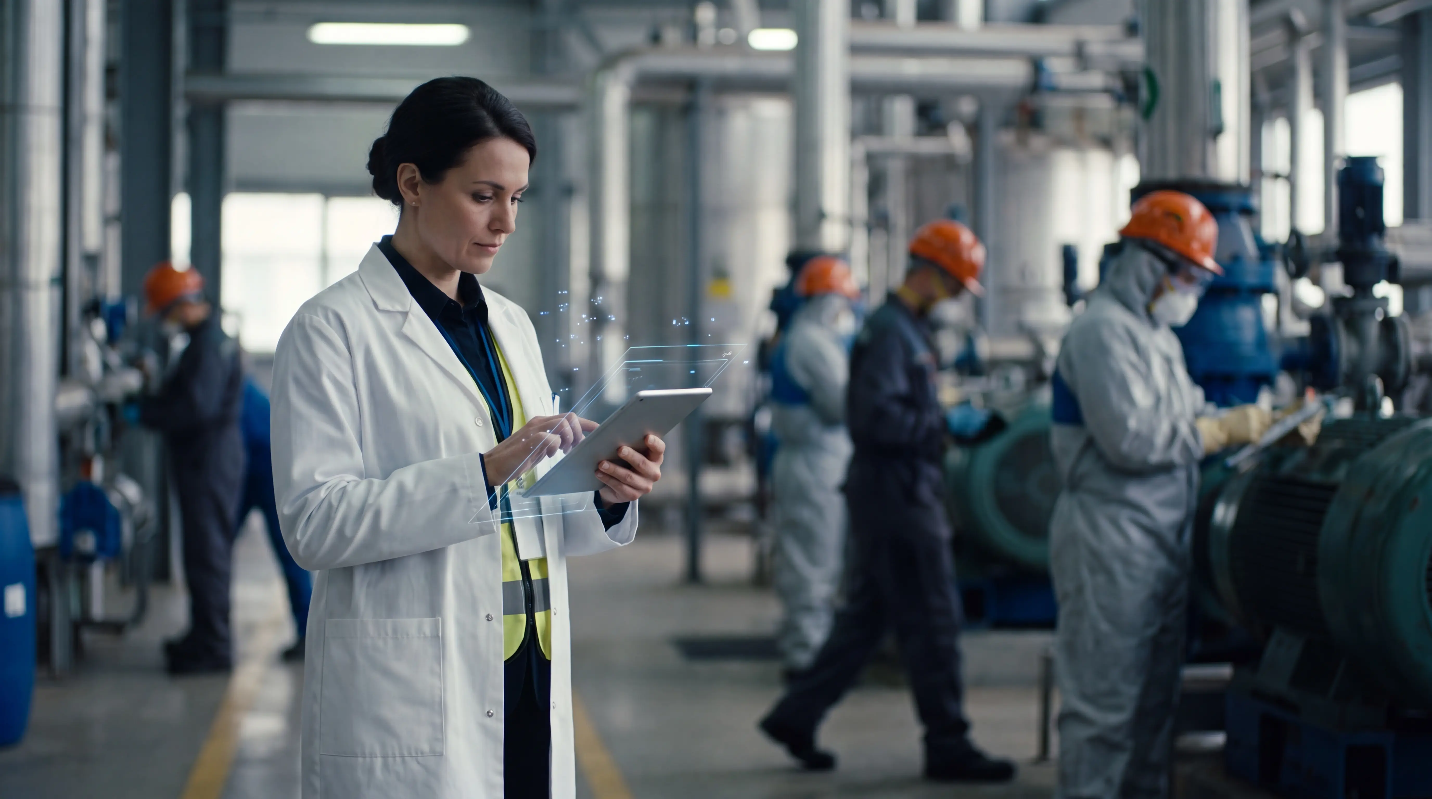 Médica do trabalho analisando dados de saúde ocupacional em ambiente industrial