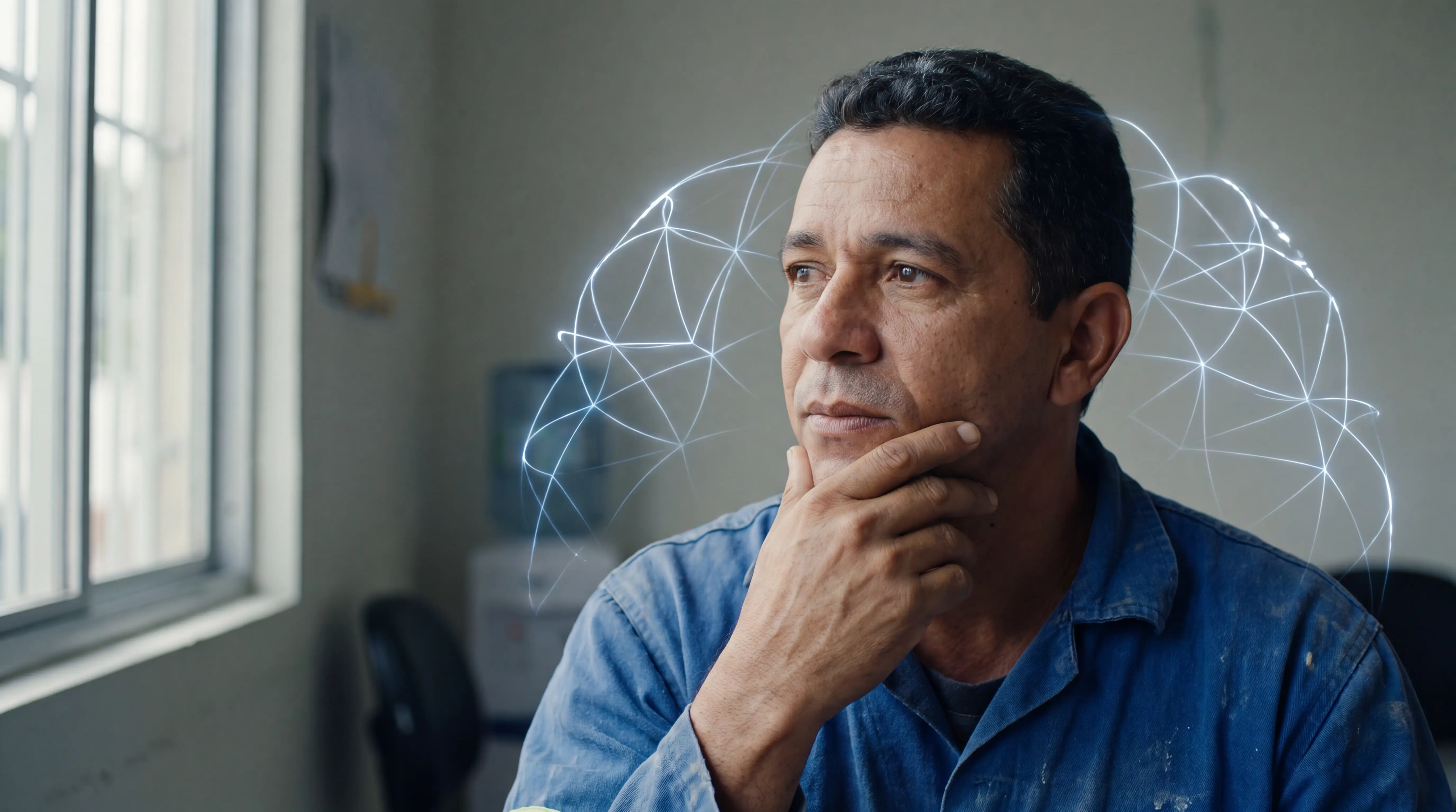 Trabalhador em momento reflexivo representando saúde mental e riscos psicossociais no trabalho